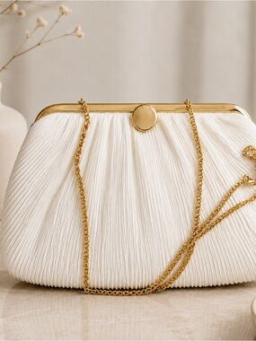 Vintage Ivory Pleated Evening Clutch with Gold Frame, 1990s